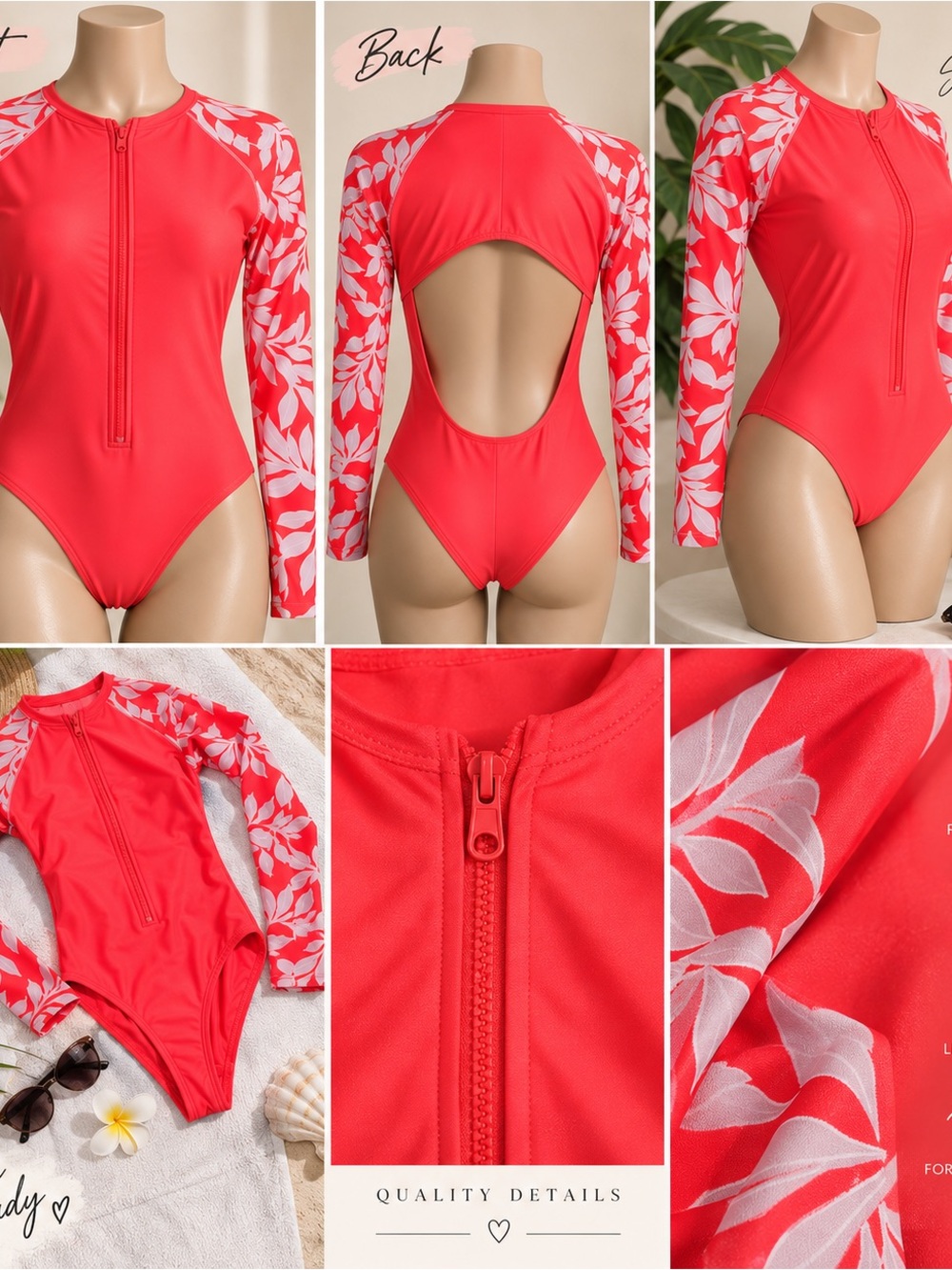 All in Motion Swimsuit Women’s Small Coral Floral Long Sleeve One Piece Stretch